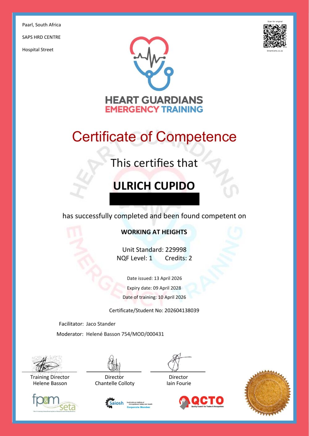 Working at Heights Certificate of Competence — Ulrich Cupido
