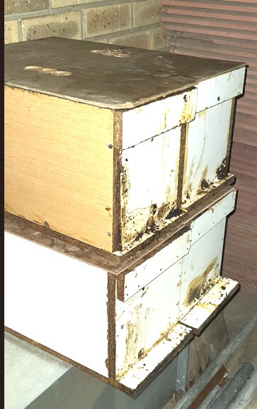 Wooden nucleus trap boxes stacked against a wall